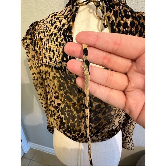 Free People Leopard Roma Mock Neck Tie Detail Smocked Top Size Small OB1069086 - Picture 4 of 11